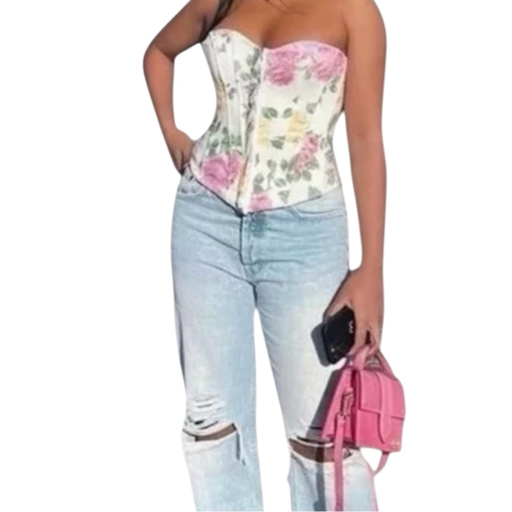 Zara Floral Bustier Top - White and Pink